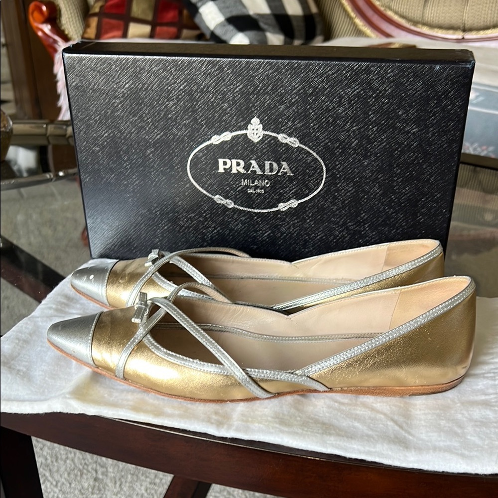 Prada Women's Gold and Silver Flats - Picture 3 of 3